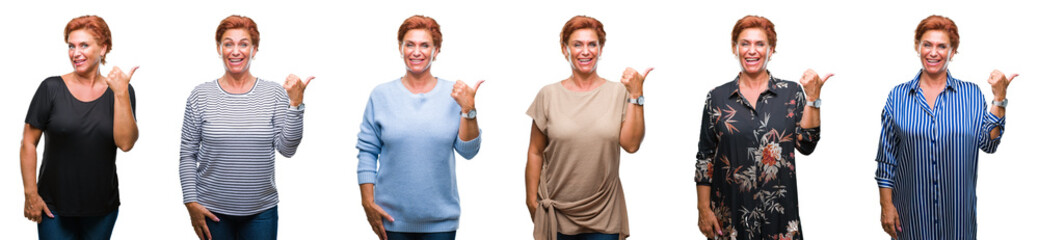 Fototapeta na wymiar Collage of middle age senior woman over white isolated background smiling with happy face looking and pointing to the side with thumb up.