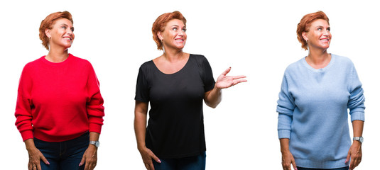 Obraz premium Collage of middle age senior woman over white isolated background looking away to side with smile on face, natural expression. Laughing confident.