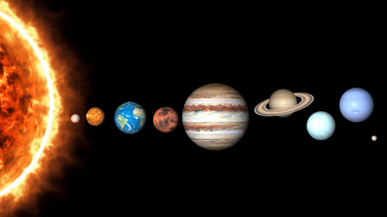 All planets of Solar System and sun. Mercury, Venus, World, Mars, Jupiter, Saturn, Neptune, Uranus, Pluto illustration.
