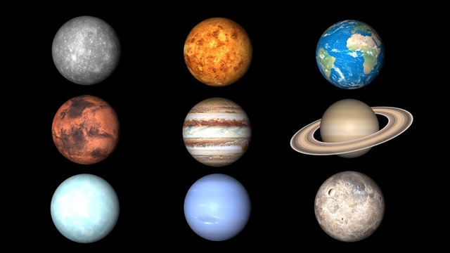 All planets of Solar System. Mercury, Venus, World, Mars, Jupiter, Saturn, Neptune, Uranus, Pluto illustration.