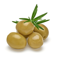 Green olives pile or heap with rosemary isolated on white background including clipping path