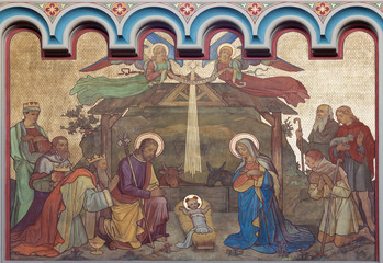 PRAGUE, CZECH REPUBLIC - OCTOBER 17, 2018: The fresco of Adoration of Magi and Nativity in the...