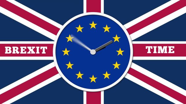 Animated Clock Face Counting Down. Brexit UK EU Referendum Concept With Flags And Clock