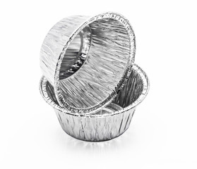 Foil food delivery container with reflection isolated over the white background