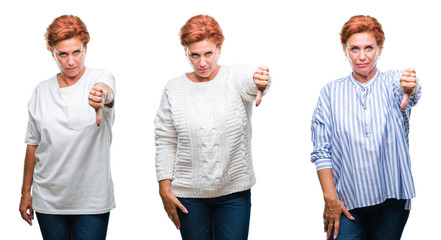 Collage of middle age senior woman over white isolated background looking unhappy and angry showing rejection and negative with thumbs down gesture. Bad expression.