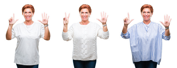 Collage of middle age senior woman over white isolated background showing and pointing up with fingers number seven while smiling confident and happy.