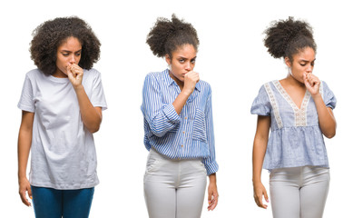 Collage of african american woman over isolated background feeling unwell and coughing as symptom for cold or bronchitis. Healthcare concept.