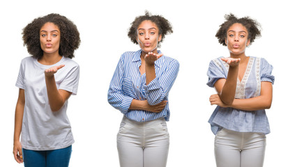 Collage of african american woman over isolated background looking at the camera blowing a kiss with hand on air being lovely and sexy. Love expression.