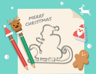 Christmas pencil on white paper with santa sketch background with gingerbread eraser, decorate vector concept.