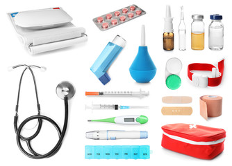 Set with different medical equipment on white background