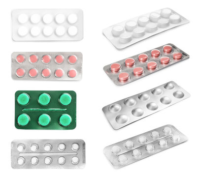 Set with different pills on white background. Medical objects