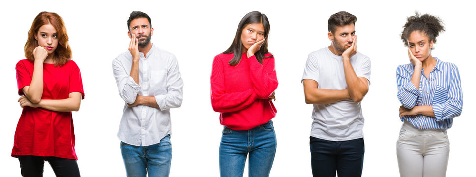 Collage Of Group Chinese, Indian, Hispanic People Over Isolated Background Thinking Looking Tired And Bored With Depression Problems With Crossed Arms.