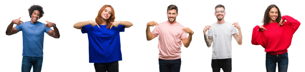 Composition of african american, hispanic and caucasian group of people over isolated white background looking confident with smile on face, pointing oneself with fingers proud and happy.