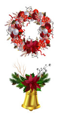 Christmas Wreath with ribbons, balls and bow isolated