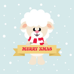 cartoon cute sheep white with scarf and christmas sign