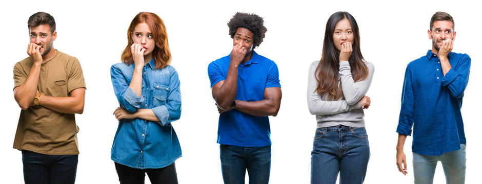 Composition Of African American, Hispanic And Chinese Group Of People Over Isolated White Background Looking Stressed And Nervous With Hands On Mouth Biting Nails. Anxiety Problem.