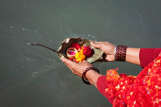 Woman performing offerings in the Ganges during the 2010 Kumbh Mela or Kumbha Mela Pilgrimage Celebration, Haridwar, Uttarkhand State, India