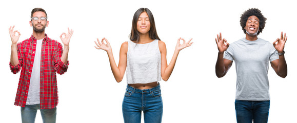 Collage of group of Chinese, african american, hispanic people over isolated background relax and smiling with eyes closed doing meditation gesture with fingers. Yoga concept.