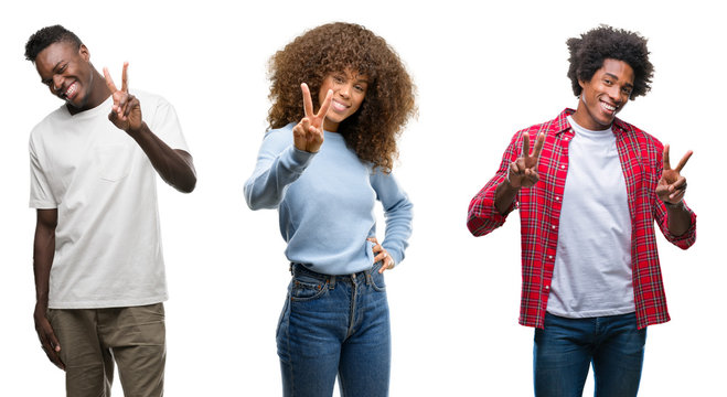 Collage of african american group of people over isolated background smiling looking to the camera showing fingers doing victory sign. Number two.