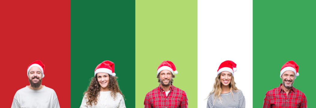 Collage of group of people wearing christmas hat over white and green isolated background with a happy and cool smile on face. Lucky person.