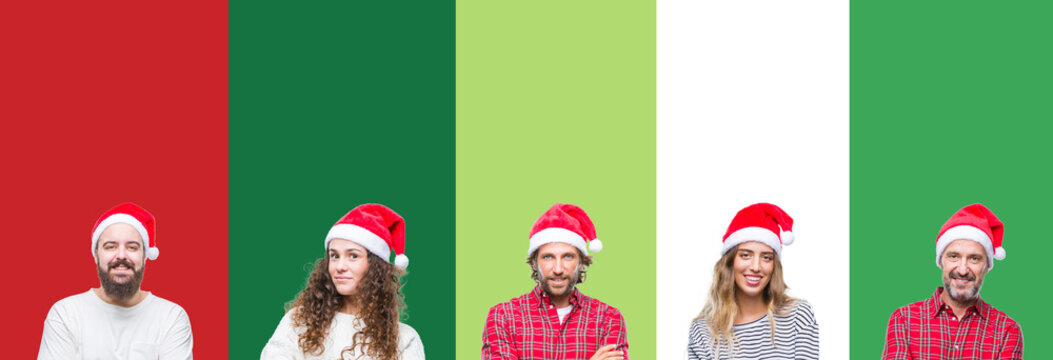 Collage of group of people wearing christmas hat over white and green isolated background happy face smiling with crossed arms looking at the camera. Positive person.