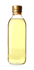 Glass bottle of oil on white background