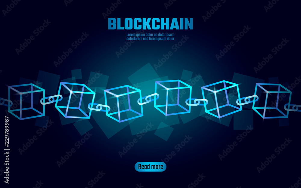 Wall mural blockchain cube chain symbol on square code big data flow information. blue neon glowing modern tren