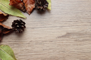 autumn leaves and pine cones layed around to create a copy space or background wallpaper