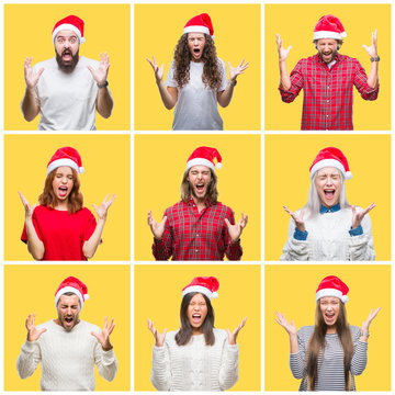 Collage of group of young people wearing christmas hat over yellow isolated background celebrating mad and crazy for success with arms raised and closed eyes screaming excited. Winner concept