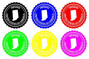 Indiana - rubber stamp - vector, Indiana (United States of America) map pattern - sticker - black, blue, green, yellow, purple and red 