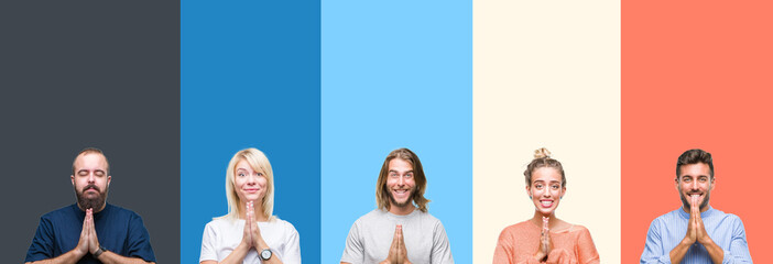 Collage of casual young people over colorful stripes isolated background praying with hands together asking for forgiveness smiling confident.