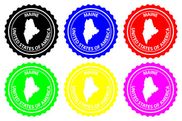 Maine - rubber stamp - vector, Maine (United States of America) map pattern - sticker - black, blue, green, yellow, purple and red 