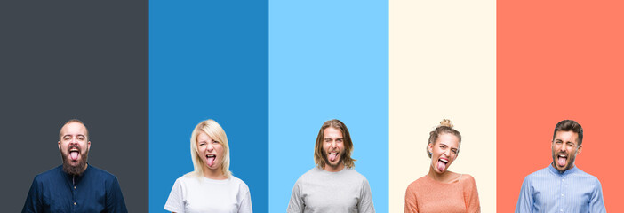 Obraz premium Collage of casual young people over colorful stripes isolated background sticking tongue out happy with funny expression. Emotion concept.