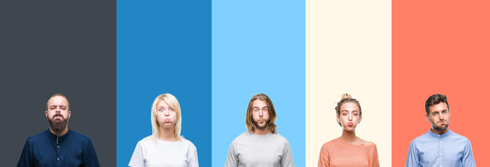 Fototapeta premium Collage of casual young people over colorful stripes isolated background puffing cheeks with funny face. Mouth inflated with air, crazy expression.