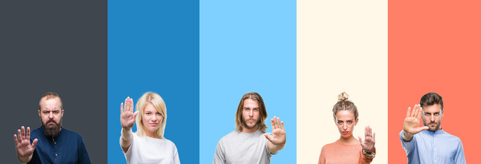 Collage of casual young people over colorful stripes isolated background doing stop sing with palm of the hand. Warning expression with negative and serious gesture on the face.