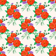 Striking seamless plant pattern in garden flowers of zinnia. Millefleur. Floral vibrant background for textile, wallpaper, covers, surface, print, gift wrap, scrapbooking, decoupage.