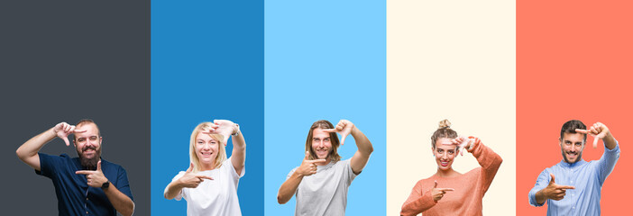 Collage of casual young people over colorful stripes isolated background smiling making frame with hands and fingers with happy face. Creativity and photography concept.