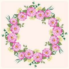 Floral round frame from cute zinnia flowers, silver eucalyptus branch, willow. Greeting card template. Design artwork for the poster, tee shirt, pillow, home decor. Summer flowers with green leaves.