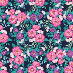 Meubelstickers Striking seamless plant pattern in garden flowers of zinnia. Millefleur. Floral vibrant background for textile, wallpaper, covers, surface, print, gift wrap, scrapbooking, decoupage. © evamarina