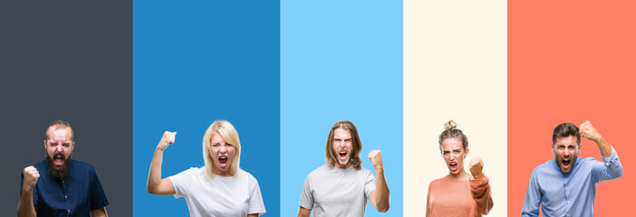 Collage of casual young people over colorful stripes isolated background angry and mad raising fist frustrated and furious while shouting with anger. Rage and aggressive concept.
