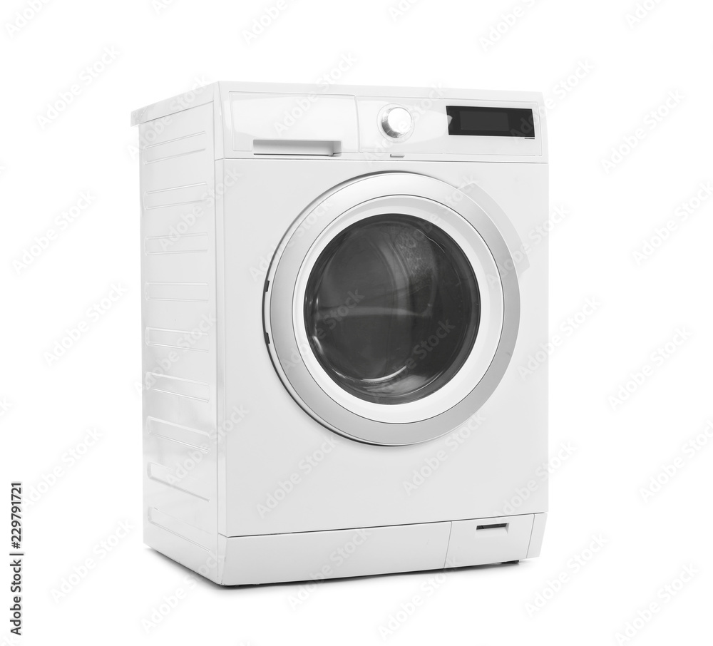 Poster Modern washing machine on white background. Laundry day