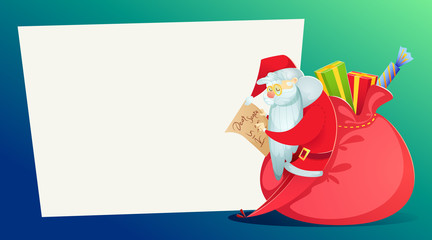 Christmas card. Santa Claus, with a huge bag of gifts, reads the letter. Vector illustration in cartoon style.