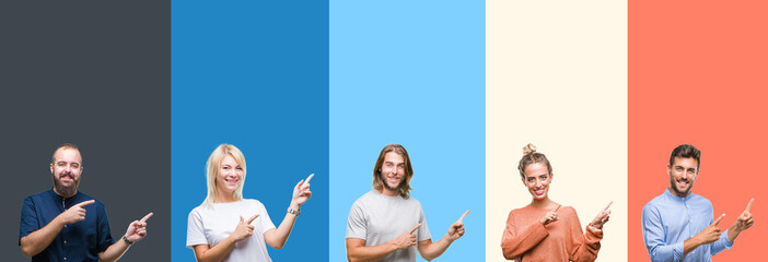 Collage of casual young people over colorful stripes isolated background smiling and looking at the camera pointing with two hands and fingers to the side.