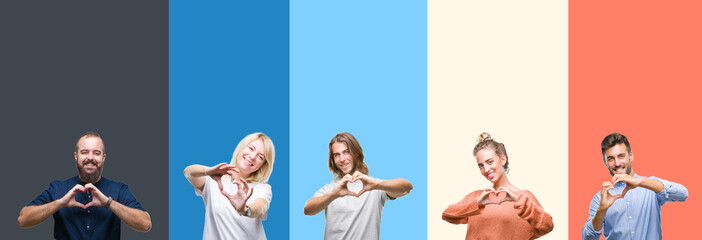 Collage of casual young people over colorful stripes isolated background smiling in love showing...