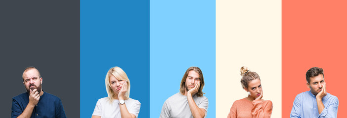 Collage of casual young people over colorful stripes isolated background thinking looking tired and...