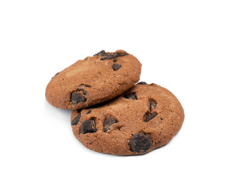 Delicious chocolate chip cookies on white background