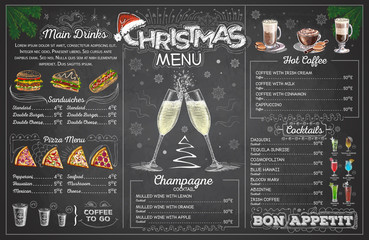 Fototapeta premium Vintage chalk drawing christmas menu design with champange. Restaurant menu