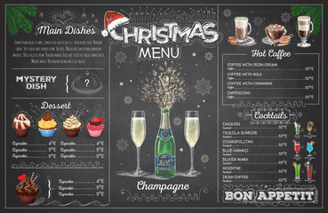Fototapeta premium Vintage chalk drawing christmas menu design with champange. Restaurant menu