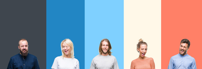 Collage of casual young people over colorful stripes isolated background winking looking at the camera with sexy expression, cheerful and happy face.