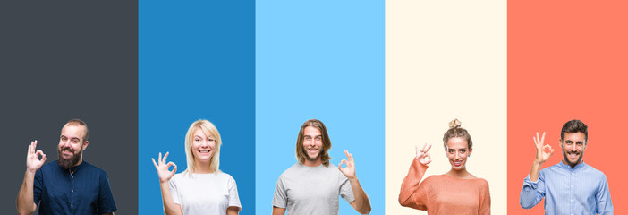Collage of casual young people over colorful stripes isolated background smiling positive doing ok...